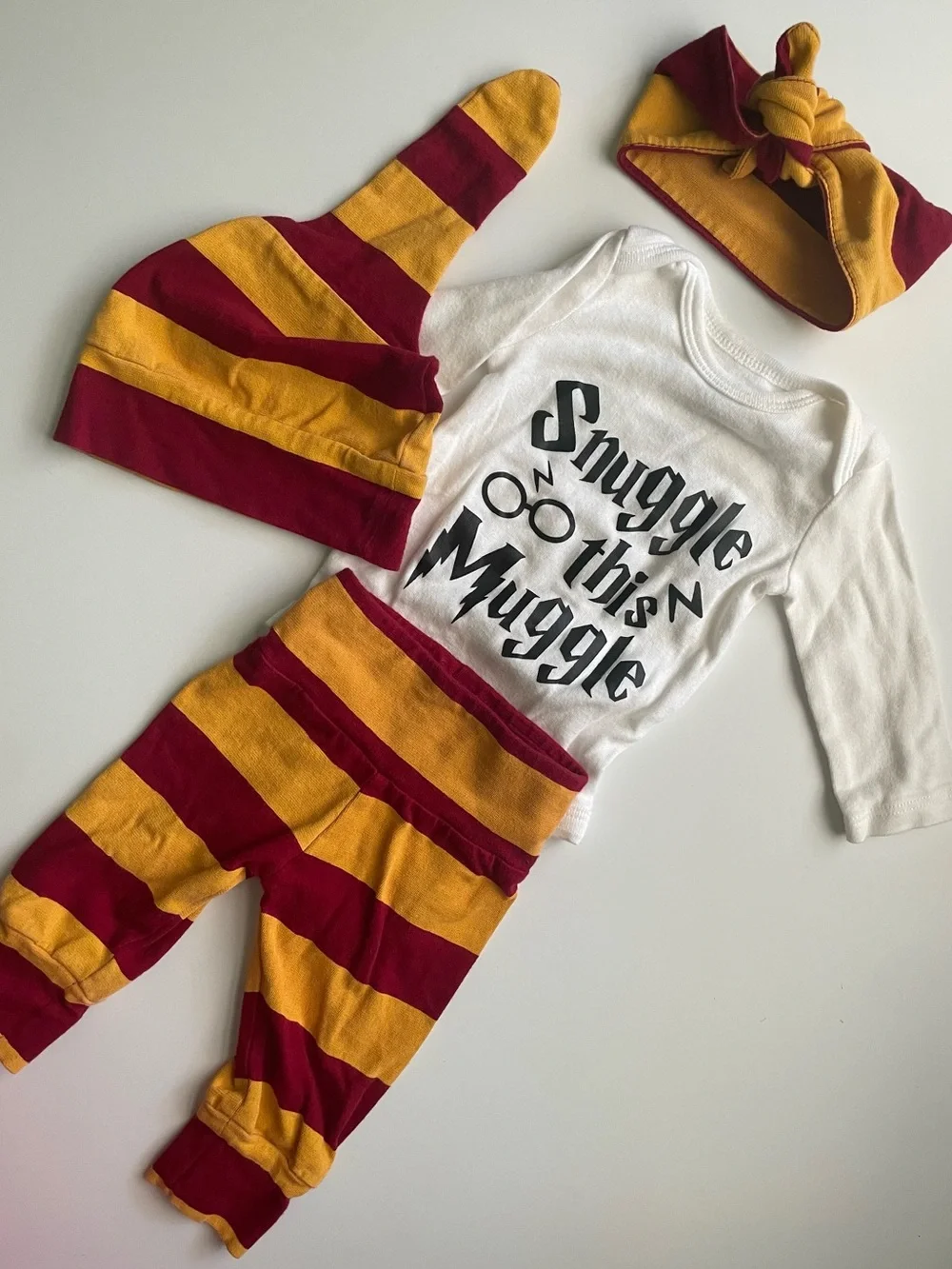 ‘Snuggle this Muggle’ Harry Potter Gryffindor Striped Outfit with Hat & Headband